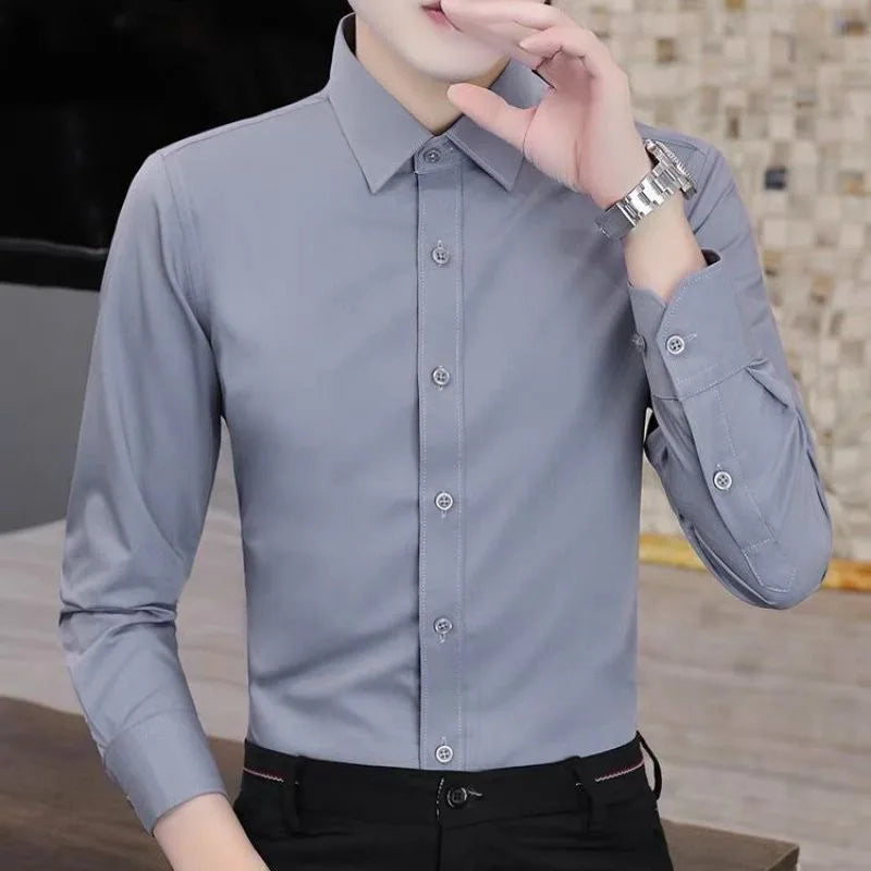 Men's Solid color Business Casual Formal shirt Fashion classic slim solid color long sleeve shirt no ironing social high quality