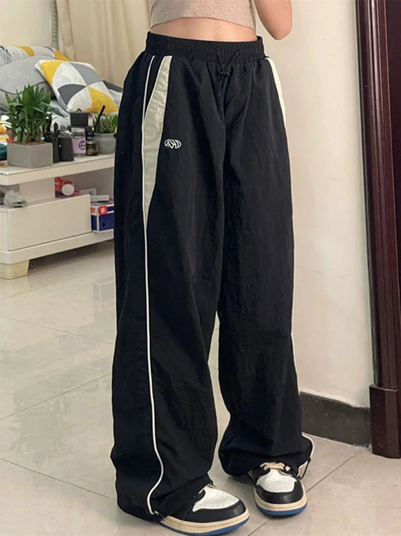 Women Casual Wide Leg Cargo Pants Drawstring Solid Streetwear Elastic Waist Sweatpants Loose Y2K Joggers Hip Hop Baggy Trousers