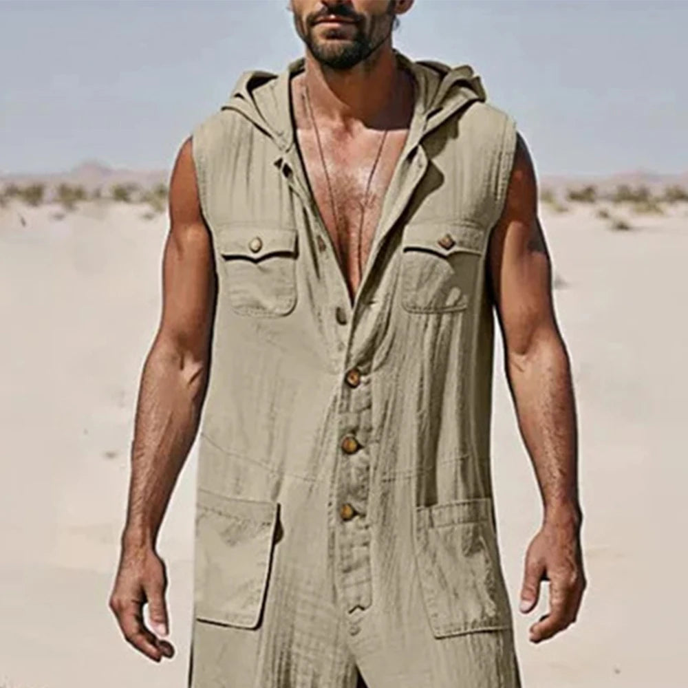 Men's Hooded Jumpsuits Autumn Casual Onesie Cotton Blend Hoodies Romper Solid Streetwear Male Sleeveless Multi-pocket Overalls