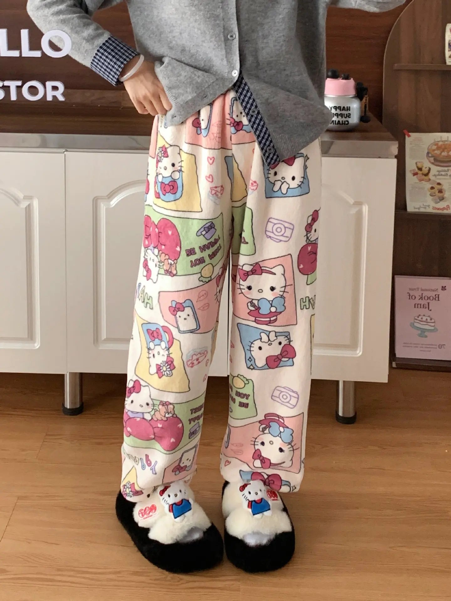 Sanrio Hello Kitty Pajamas Flannel Fashion Trousers Kawaii Women Casual Home Pants Cartoon Warm Comfortable Pants