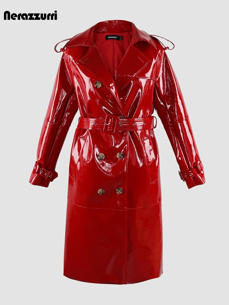 Nerazzurri Autumn Long Shiny Black Red Patent Pu Leather Trench Coat for Women Belt Double Breasted Luxury Designer Clothes