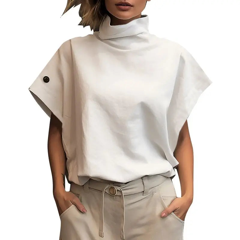 Women Fashion OL Work Shirt Summer Elegant Turtleneck Short Sleeve Blouse Casual Loose Office Tops Party Blusas