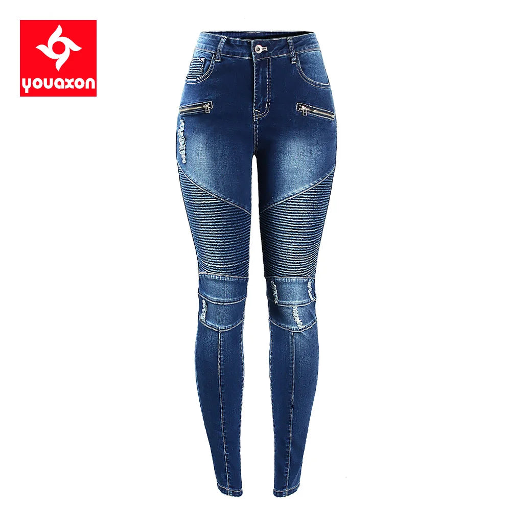 Youaxon Women`s Fashion Motor Biker Style Jeans Mid High Waist Denim Skinny Pants Jeans For Women Clothing Free Shipping