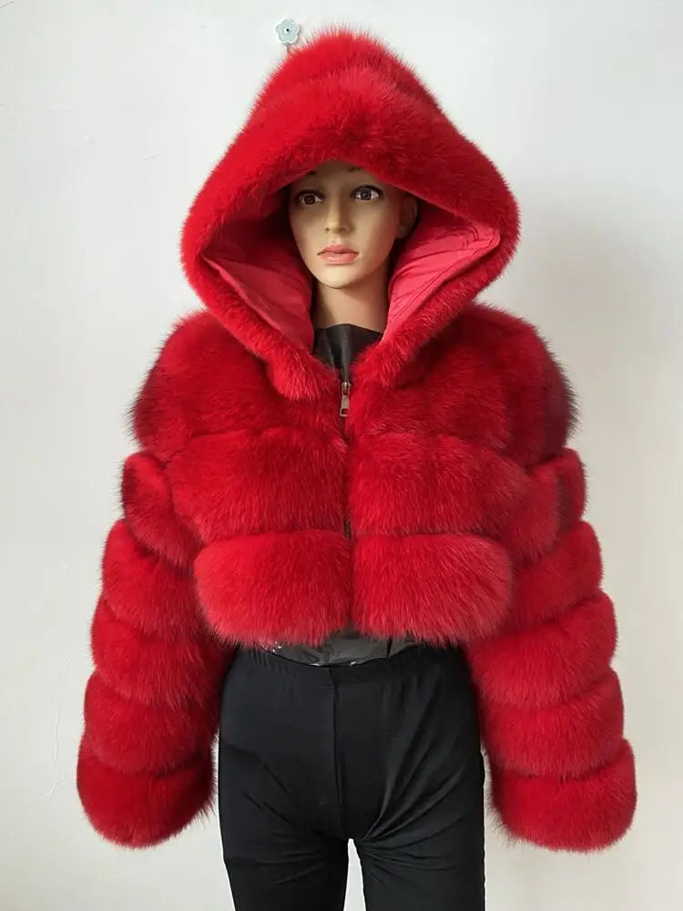 BEIZIRU Winter Women Real Fox Fur Coat Hooded Red Fox Raccoon Zipper Top Luxury Natural Girl Jackets
