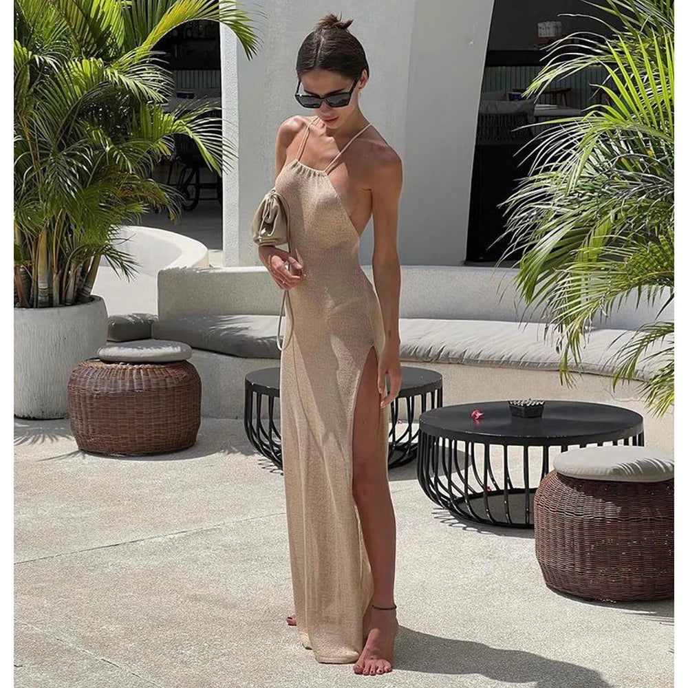 Knitted Cover Up Beach Sexy See-Through Maxi Slit Bodycon Summer Dress Bikinis Cover-ups Elegant Halter Beach dress
