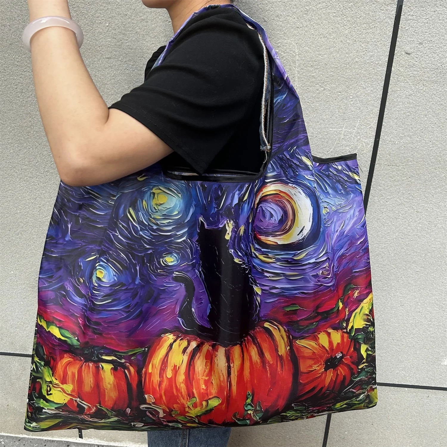 New Fashion Bag Large Foldable Shopping Bag Reusable Grocery Storage Bag Nylon Portable Shoulder Handbag for Travel Pocket Tote