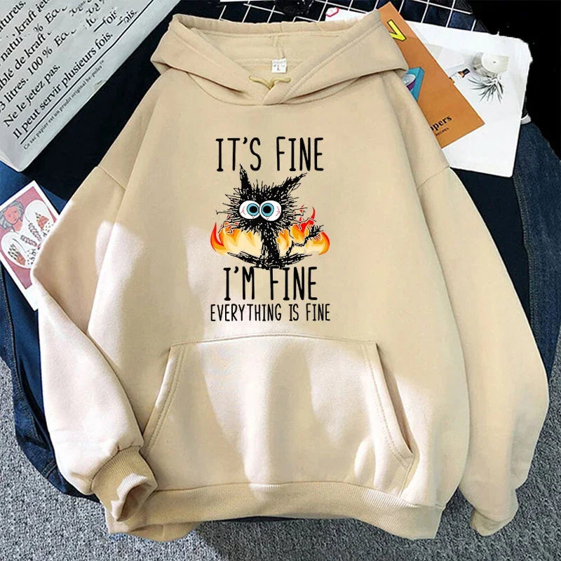(Premium hoodie)Hot Cat Its Fine Im Fine Everything Is Fine Printed Women And Men Hoodies Loose Pullover Hooded