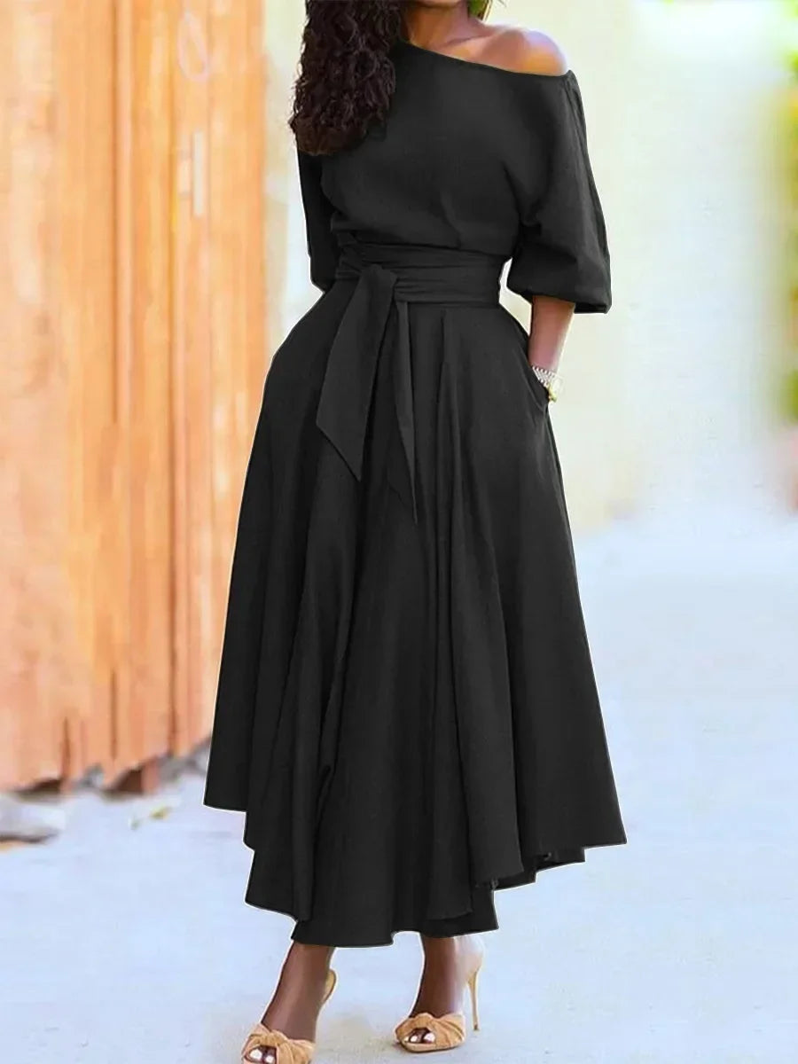 2024 Spring Elegant Women's Formal Dress Black Lace Up Lantern Sleeve Long Dresses Female Party Occasion Evening Clothes Lady