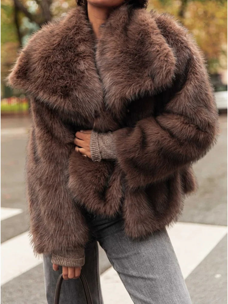 Women's Brown Big Lapel Faux Fur Fury Fashion Fluffy Long Sleeved Thick Warm Fury Jacket 2024 Winter Lady Casual Street Outwear