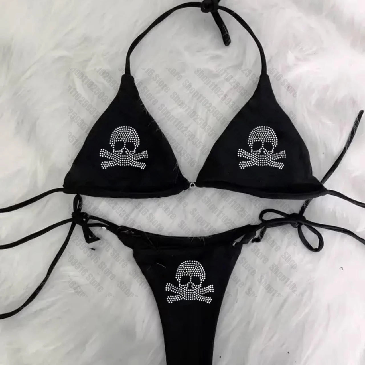 Y2K Bikini set Rhinestones skull emo Swimsuit Women Sexyprint Padded Bra Thong Two Pieces Swimwear Beachwear Bathing Suit Femme