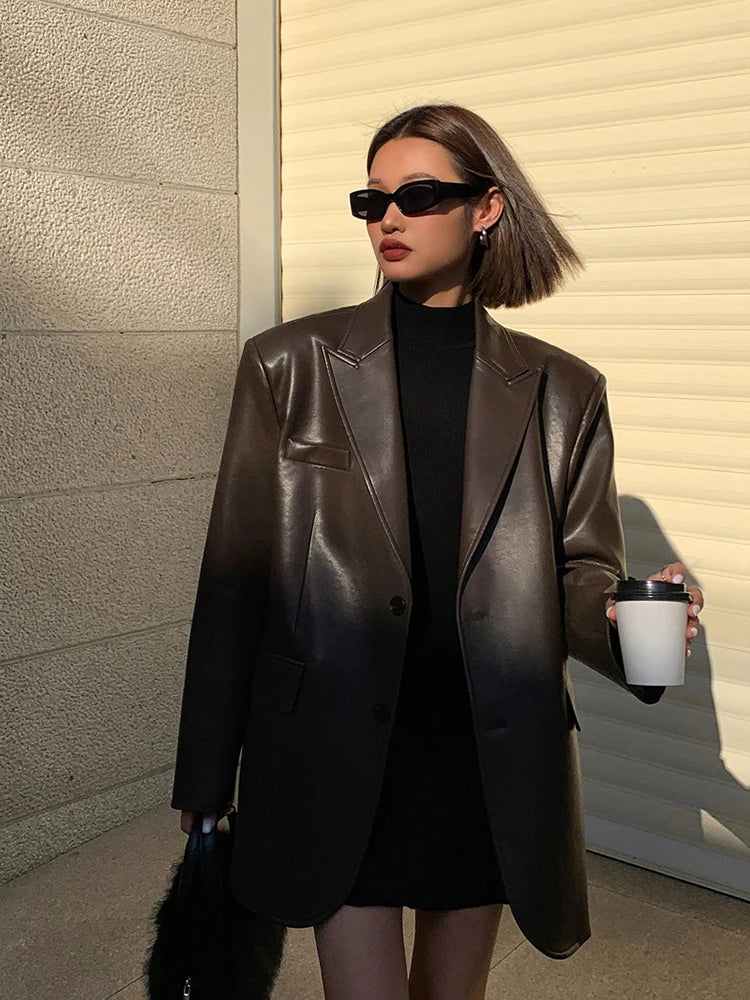 Lautaro Autumn Black Brown Soft Pu Leather Blazer Women Shoulder Pads Long Sleeve Single Breasted Loose Casual Korean Fashion