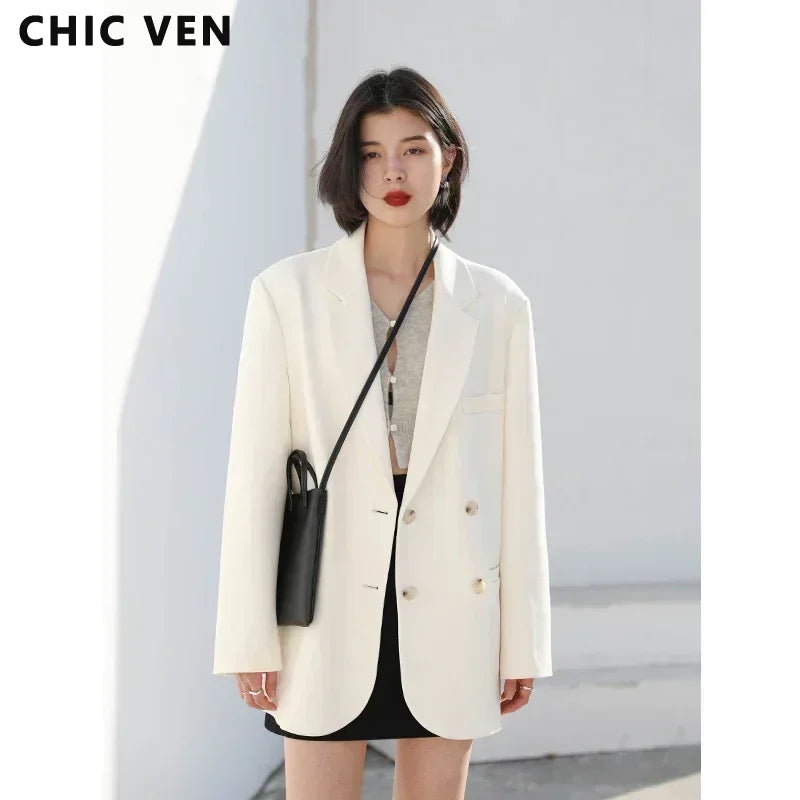Women's Blazer Office Lady Long Sleeve Double-breasted Mid-length Casual Coat Ladies Outerwear Stylish Top
