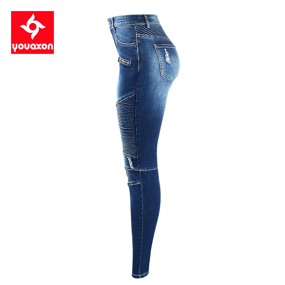 Youaxon Women`s Fashion Motor Biker Style Jeans Mid High Waist Denim Skinny Pants Jeans For Women Clothing Free Shipping