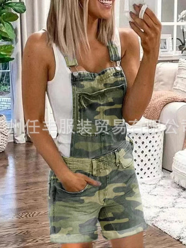 Women Rompers Jeans Jumpsuits One Piece Overalls Washing Denim Shorts Button Loose Casual Pockets Knee Length Summer