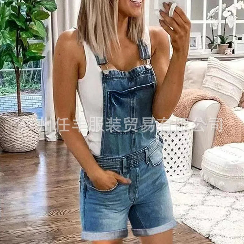 Women Rompers Jeans Jumpsuits One Piece Overalls Washing Denim Shorts Button Loose Casual Pockets Knee Length Summer