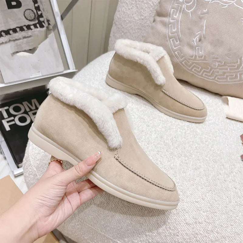 Women's Ankle Boots Cow Suede Loafers, Fur Integrated Warm Snow Boots For Women