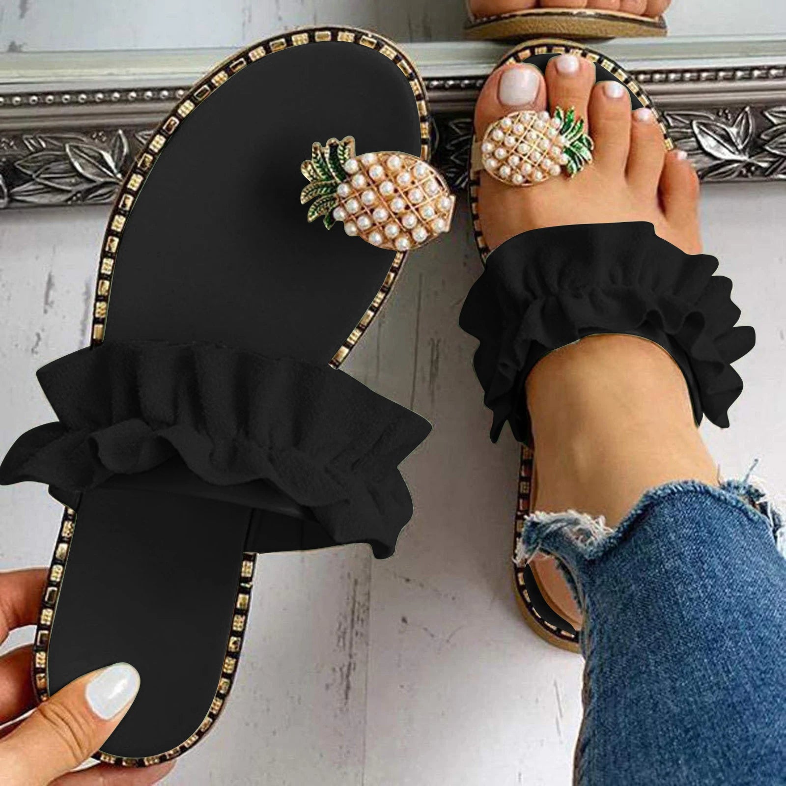 Women Slipper Pineapple Pearl Flat Toe Bohemian Summer Beach Sandals Ladies Shoes plus size Mujer Verano