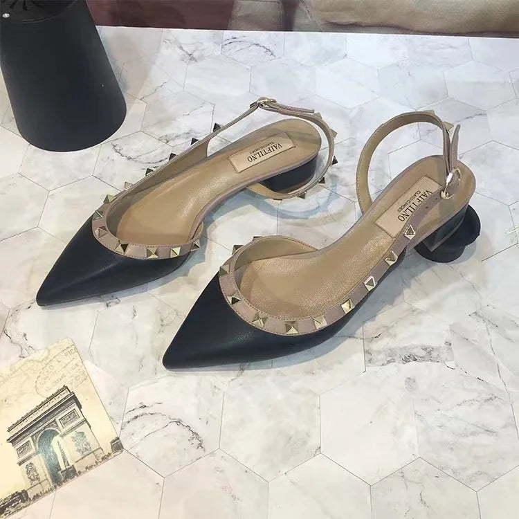 2024 new high quality women's high heels fashion retro rivet toe daily leisure comfortable shallow mouth office women's sandals