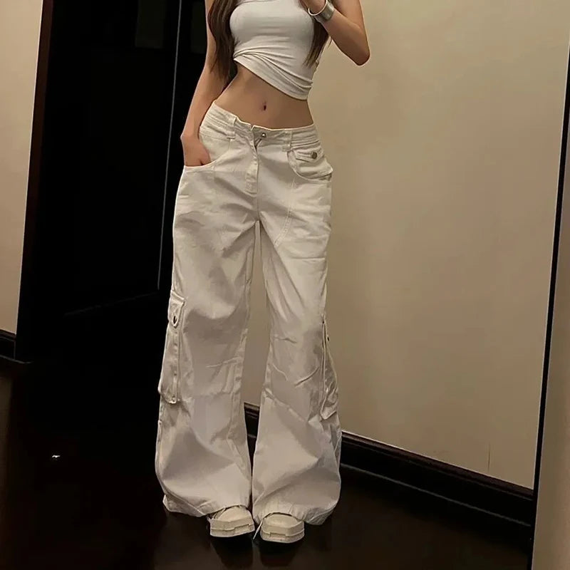 Y2K White Cargo Jeans Women Korean High Waist White Pocket Wide Leg Denim Pants Female Oversized Streetwear Hip Hop Trousers