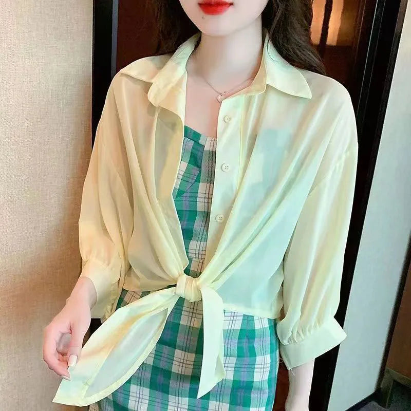 Summer Sun Protection Shirts Ladies Solid Color Tied Waist Half Sleeve Button Blouse Women Casual Loose Chiffon Shirt