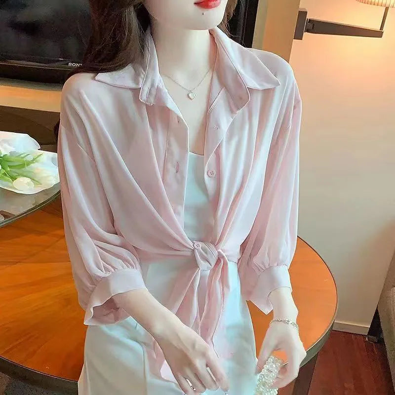 Summer Sun Protection Shirts Ladies Solid Color Tied Waist Half Sleeve Button Blouse Women Casual Loose Chiffon Shirt