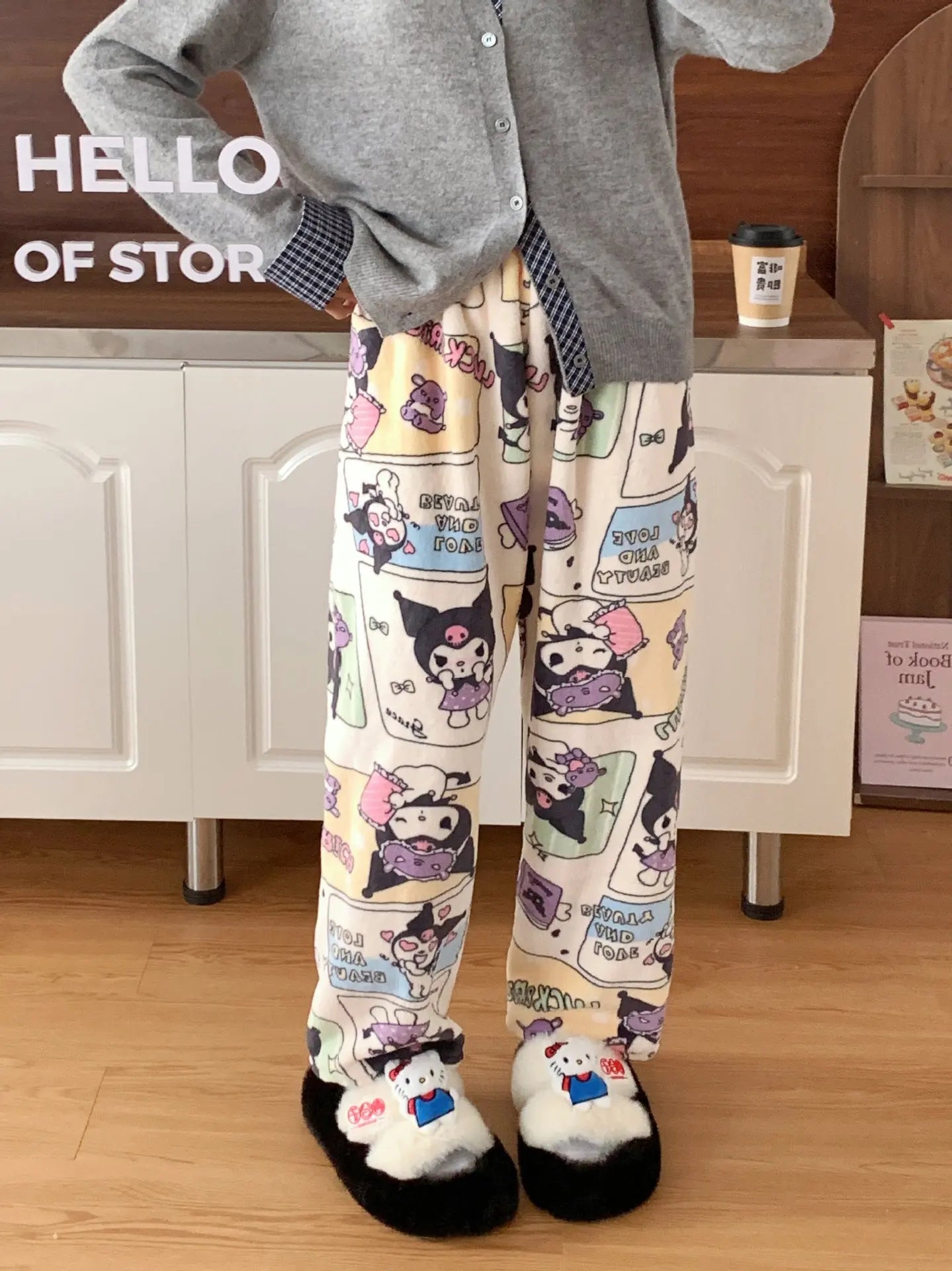 Sanrio Hello Kitty Pajamas Flannel Fashion Trousers Kawaii Women Casual Home Pants Cartoon Warm Comfortable Pants