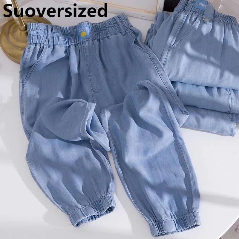 Oversized 145kg Summer Faux Harem Jeans Women Casual Ice Silk Thin Baggy Pantalones Korean Fashion Elastic High Waist Denim Pant