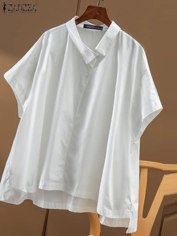 Korean Style Solid Color Shirts Women Summer Asymmetrical Lapel Neck Oversize Blouse Casual Half Sleeve Chemise Tops
