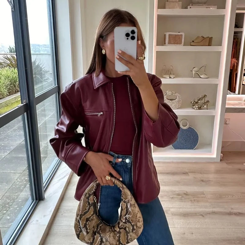 Elegant Burgundy Faux Leather Jackets Women Fashion Lapel Zipper Long Sleeve Female Coats 2024 Autumn Winter Lady Street Outwear
