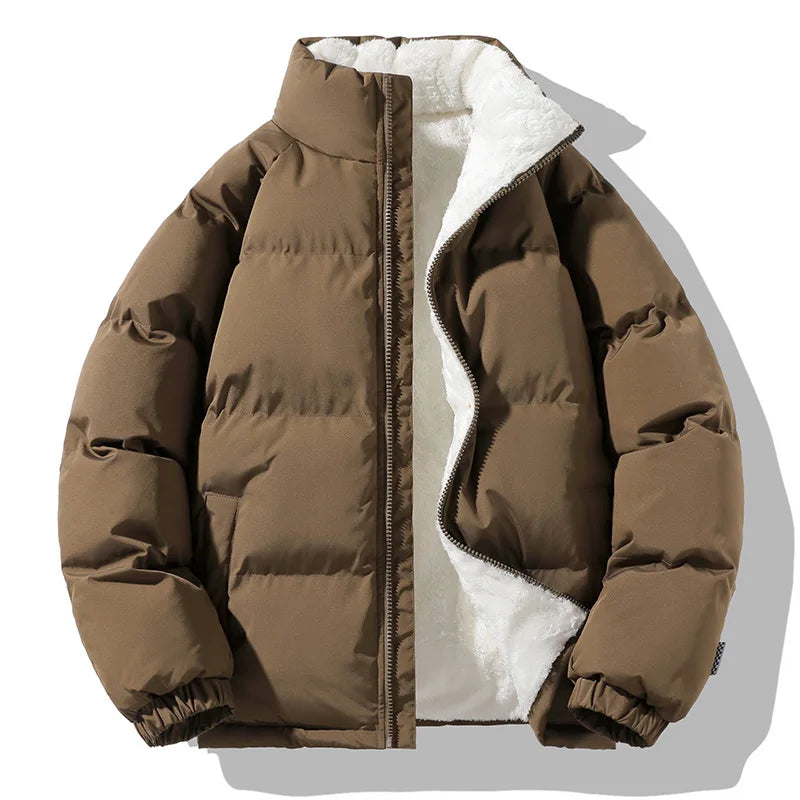 Men's Winter Thick Warm Parka Coat Fleece Inside Male Solid Color Stand Collar Cotton Jacket Men's Cotton Coat Size 4XL
