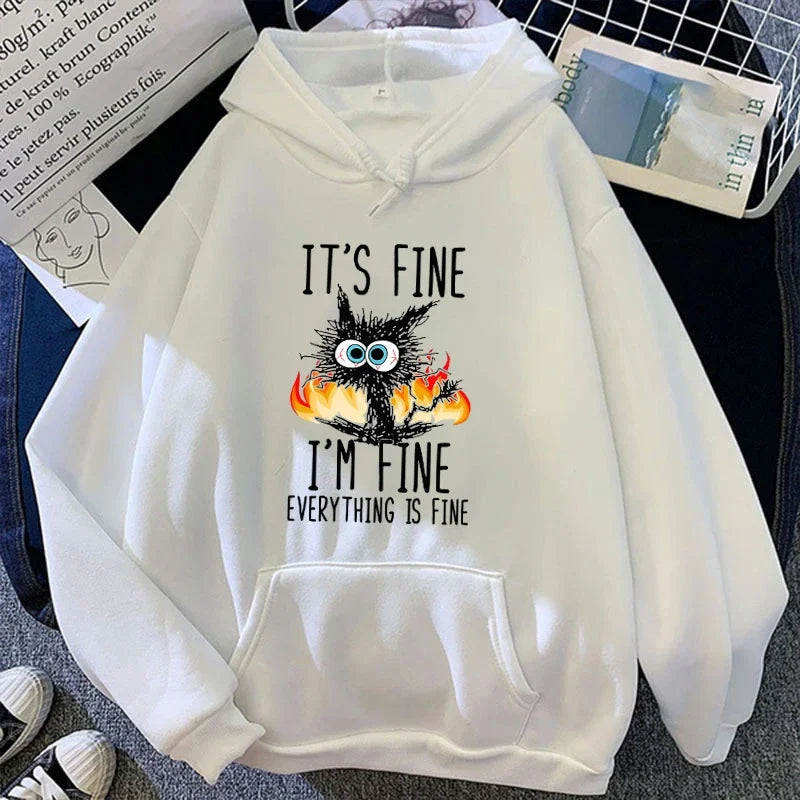 (Premium hoodie)Hot Cat Its Fine Im Fine Everything Is Fine Printed Women And Men Hoodies Loose Pullover Hooded
