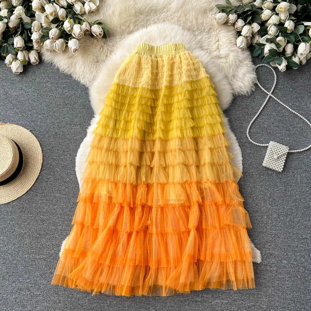 2024 New Summer Gradient Colorful Rainbow Stripe Mesh Tulle Skirts Women Long Maxi Skirt Fashion Elegant Elastic Waist