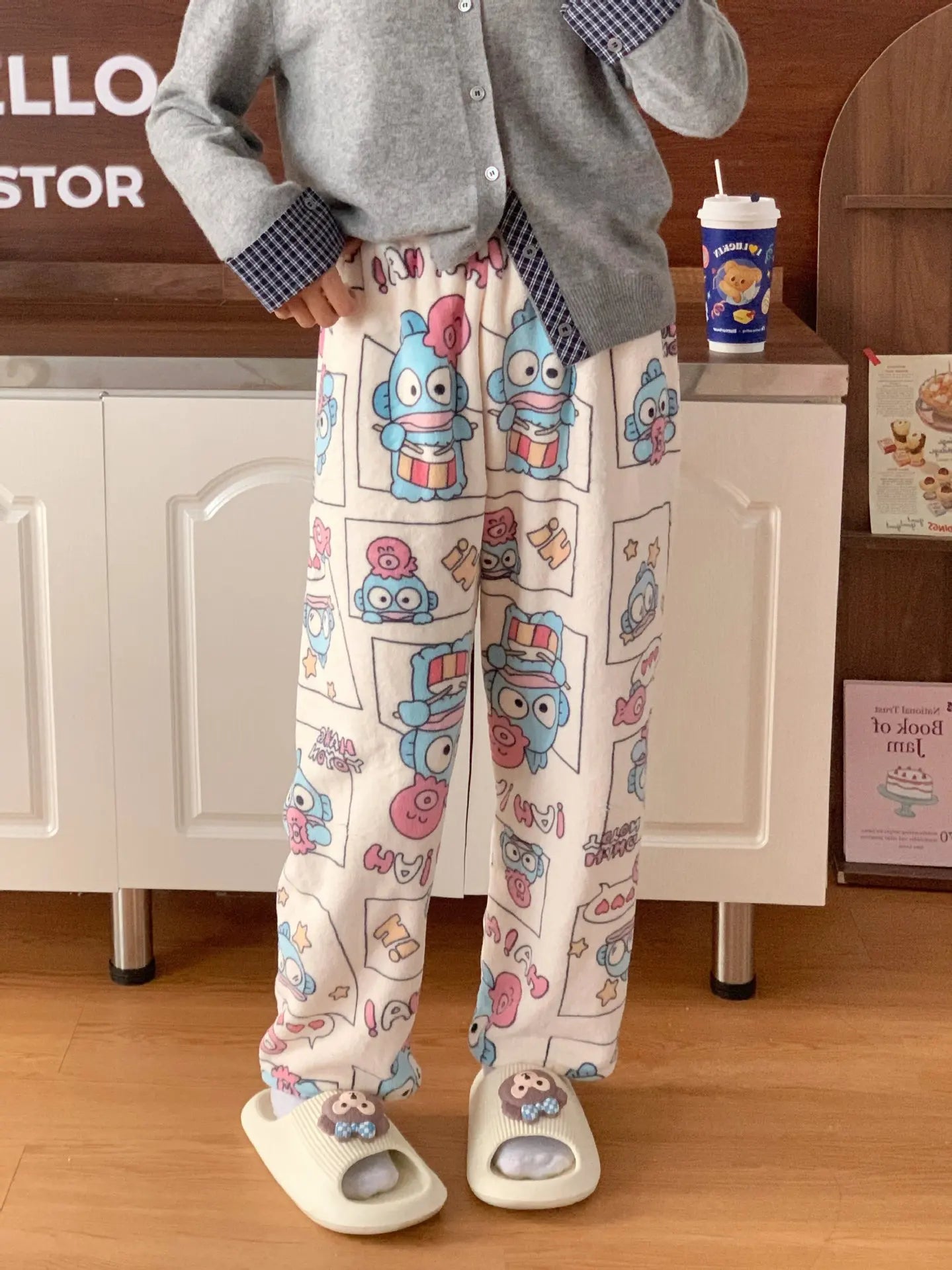 Sanrio Hello Kitty Pajamas Flannel Fashion Trousers Kawaii Women Casual Home Pants Cartoon Warm Comfortable Pants