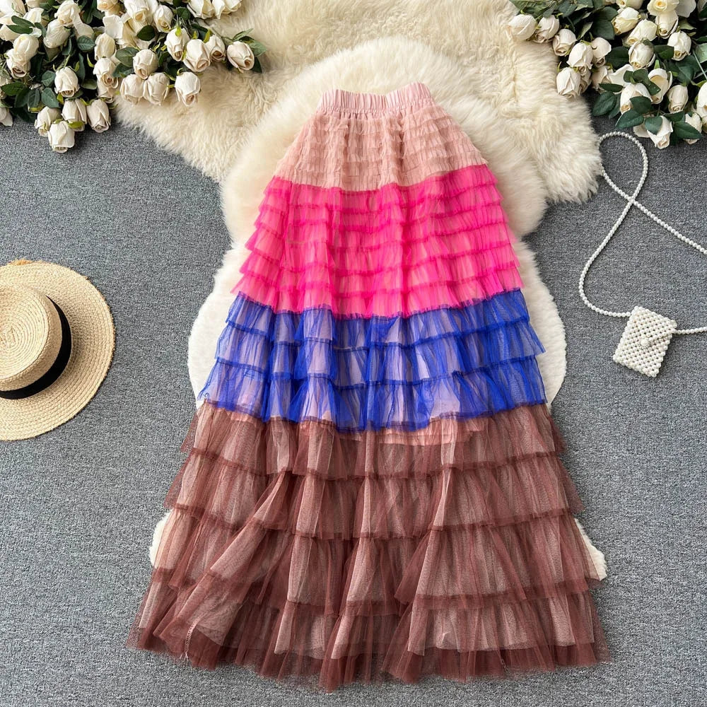 2024 New Summer Gradient Colorful Rainbow Stripe Mesh Tulle Skirts Women Long Maxi Skirt Fashion Elegant Elastic Waist