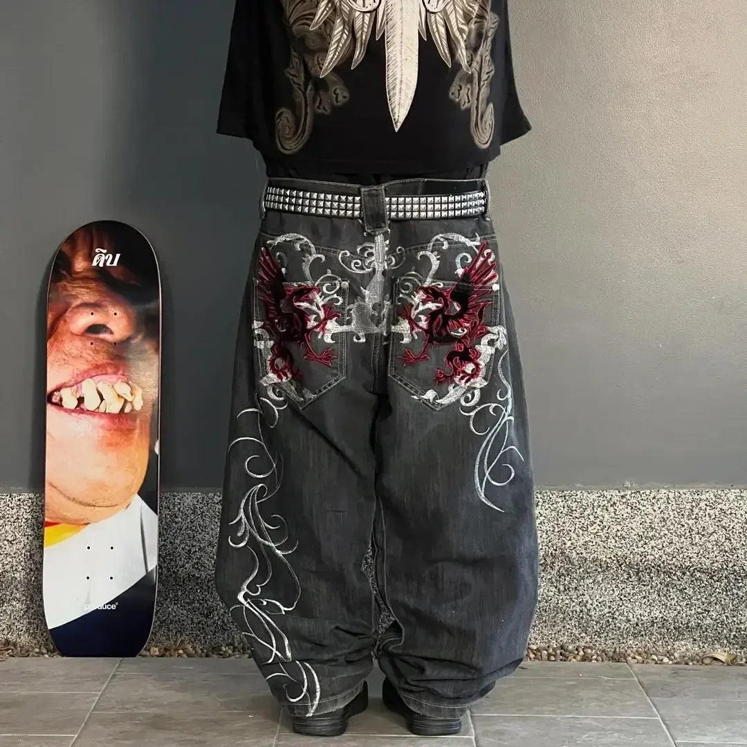 Y2K trendy retro classic pocket skull pattern straight denim trousers summer American Gothic washed wide-leg denim loose pants