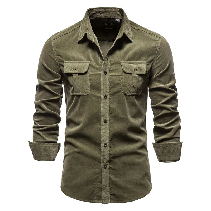 New Single Breasted 100% Cotton Men's Shirt Business Casual Fashion Solid Color Corduroy Men Shirts Autumn Slim Shirt Men
