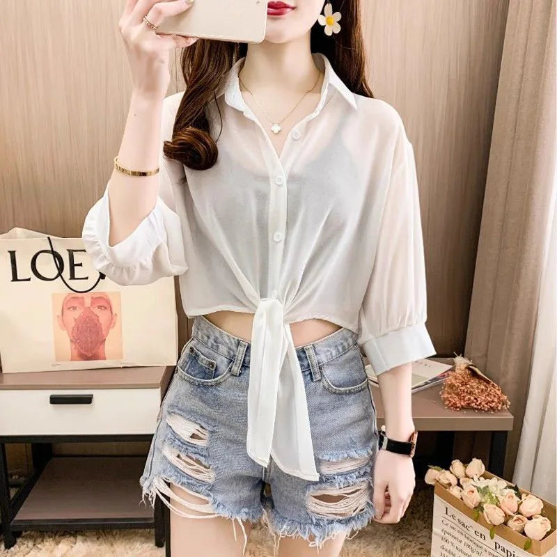 Summer Sun Protection Shirts Ladies Solid Color Tied Waist Half Sleeve Button Blouse Women Casual Loose Chiffon Shirt