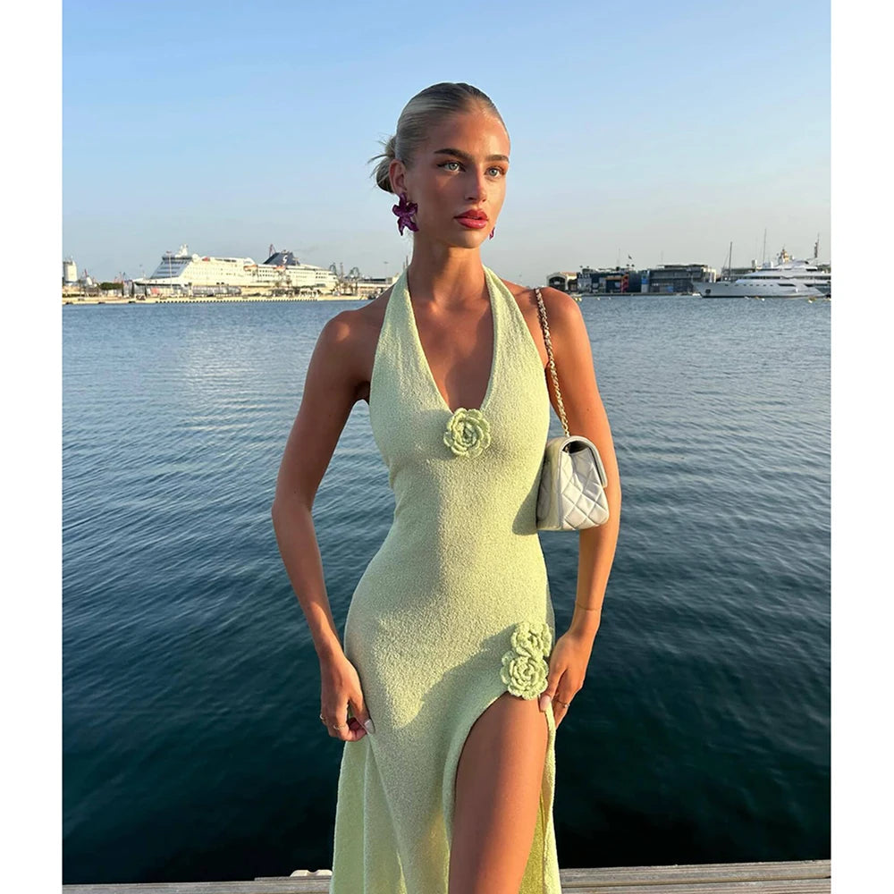 Beach Cover Up Knitted Tunic Bikini Cover-ups Sexy See-Through Halter Maxi Dress Women Slit Summer Dress Beachwear