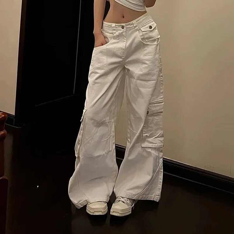 Y2K White Cargo Jeans Women Korean High Waist White Pocket Wide Leg Denim Pants Female Oversized Streetwear Hip Hop Trousers