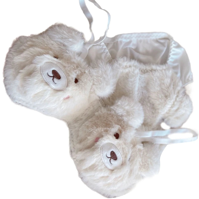 Women's 2Pcs Furry Bra and Panty Set Bear Pattern Fuzzy Plush Wireless Brassiere Underwear Japanese Anime Lingerie