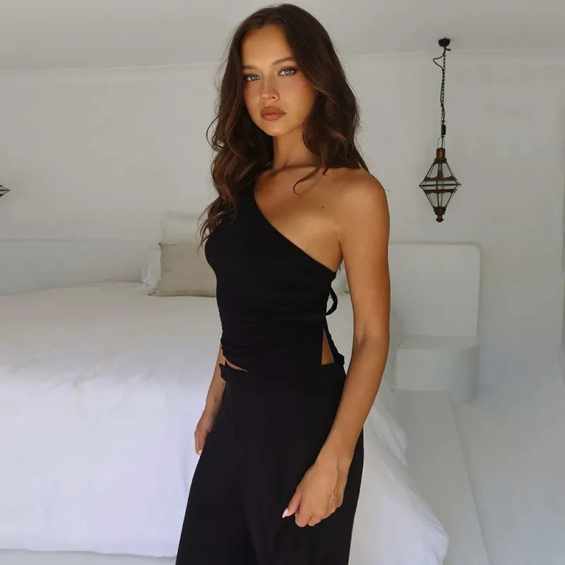 2024 New Summer Sexy Slim One-Shoulder Halter Small Top Slant Shoulder Backless Tie Short Tops Solid Color Fashion Design Tops