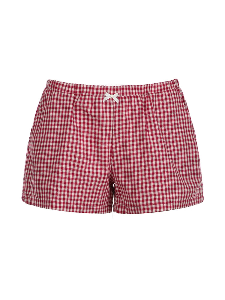 Cuteandpsycho Casual Plaid Print Y2K Shorts Bow Aesthetic Cute Korean Elastic Waist Bottoms for Women Casual Fashion Chic Cloth