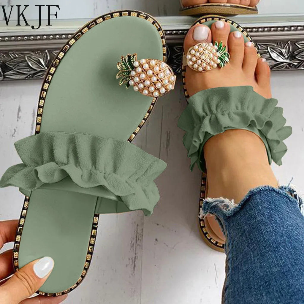 Women Slipper Pineapple Pearl Flat Toe Bohemian Summer Beach Sandals Ladies Shoes plus size Mujer Verano