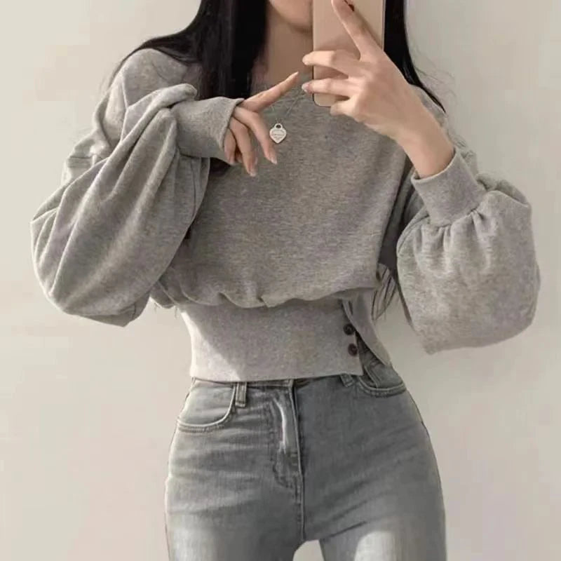 Autumn Women Solid O-Neck Slim Crop Top Lantern Sleeve With Button Sweat Casual Hip-Hop Sporty Pullover Sweet Chic Street Wear