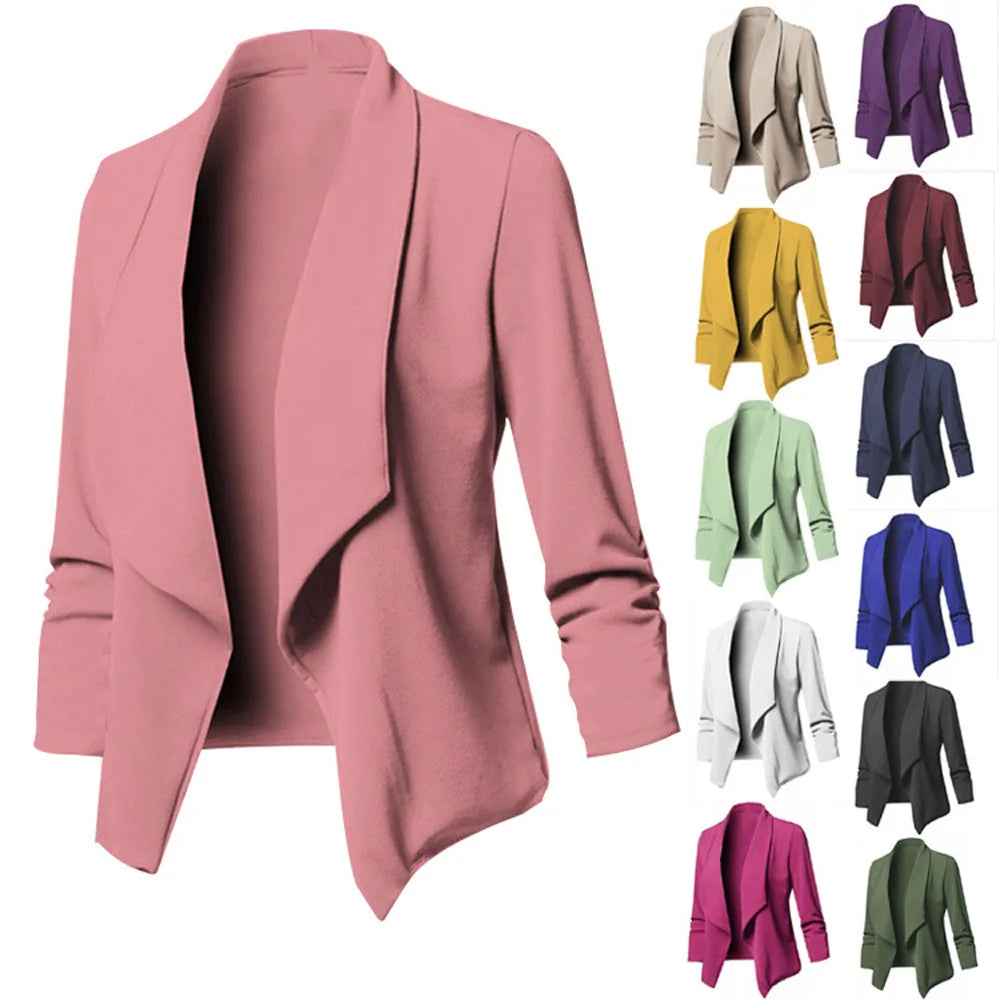 Women OL Blazers Oversized  Female Notched Long Sleeve Pleated Slim Business Workwear Cardigan Blazers Coats