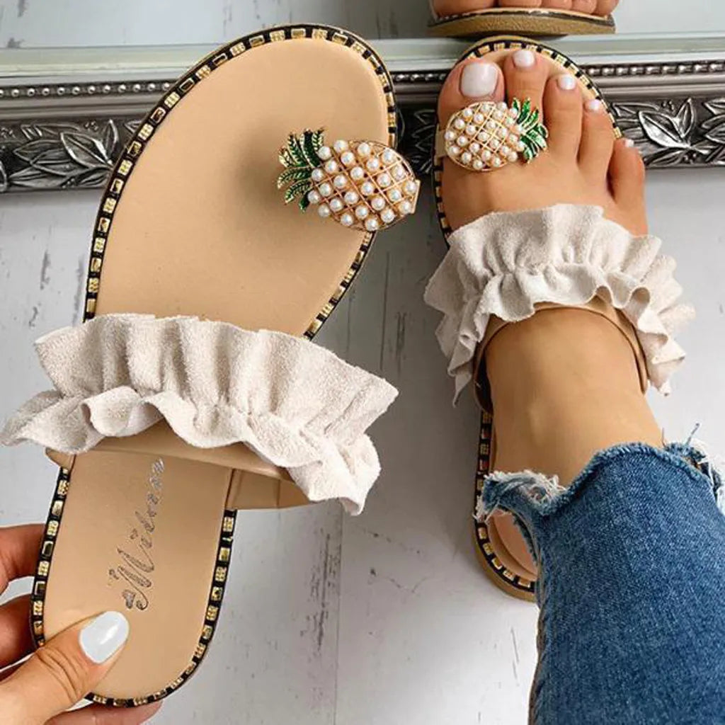 Women Slipper Pineapple Pearl Flat Toe Bohemian Summer Beach Sandals Ladies Shoes plus size Mujer Verano