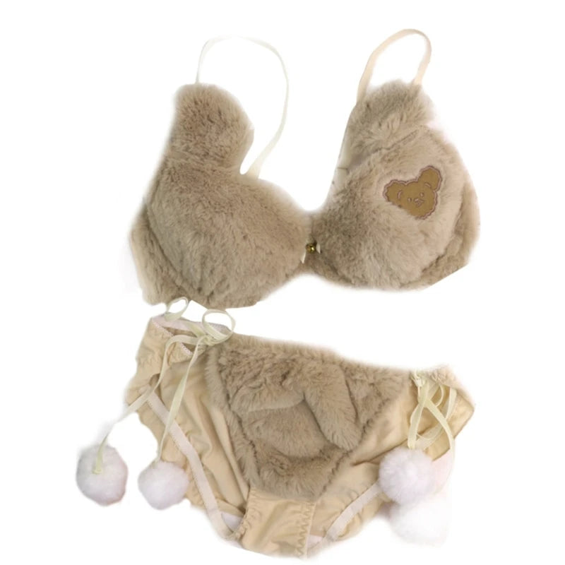 Women's 2Pcs Furry Bra and Panty Set Bear Pattern Fuzzy Plush Wireless Brassiere Underwear Japanese Anime Lingerie