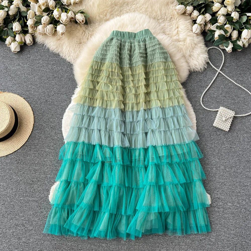2024 New Summer Gradient Colorful Rainbow Stripe Mesh Tulle Skirts Women Long Maxi Skirt Fashion Elegant Elastic Waist