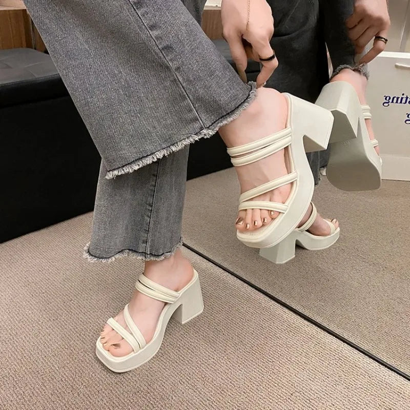 Women Sandals Ladies Square Heels Elegant Summer Slippers Outside Cross Tied Leather Female Slides Fashion Woman Sandals