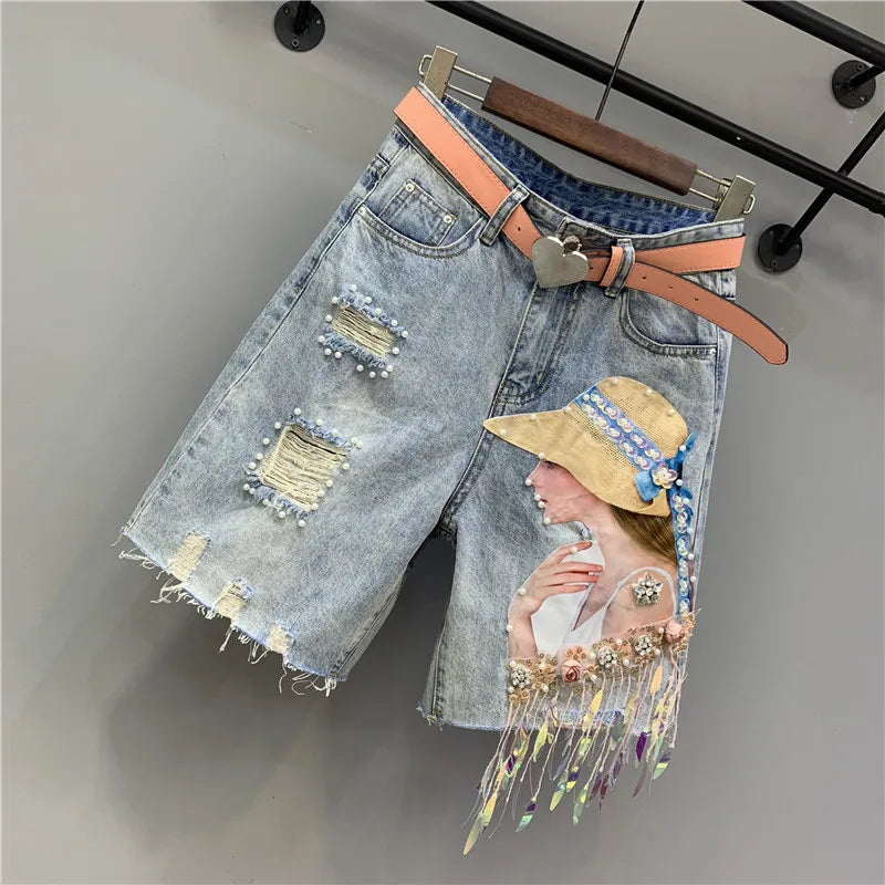 Summer Denim Shorts Women Tassel sequin Fashion Ripped Jeans Shorts Loose High Waist Knee Length pants Female